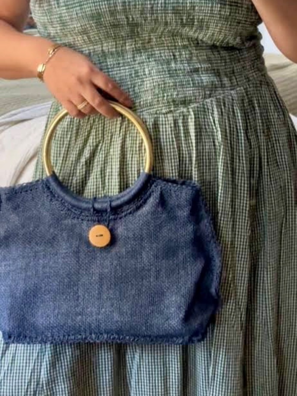 Coastal Boho Blue Woven Raffia Style Handbag Gold Ring Handles